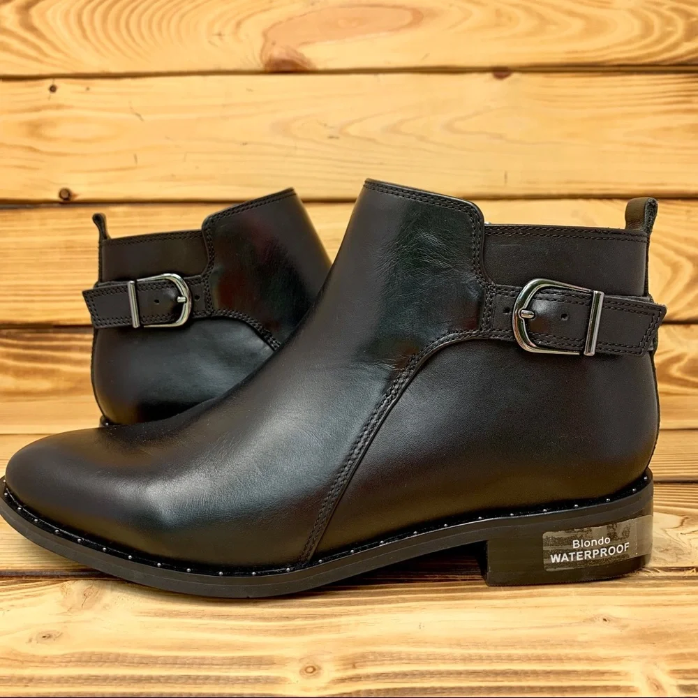 Blondo Black Leather Ankle Booties with Buckle Accent